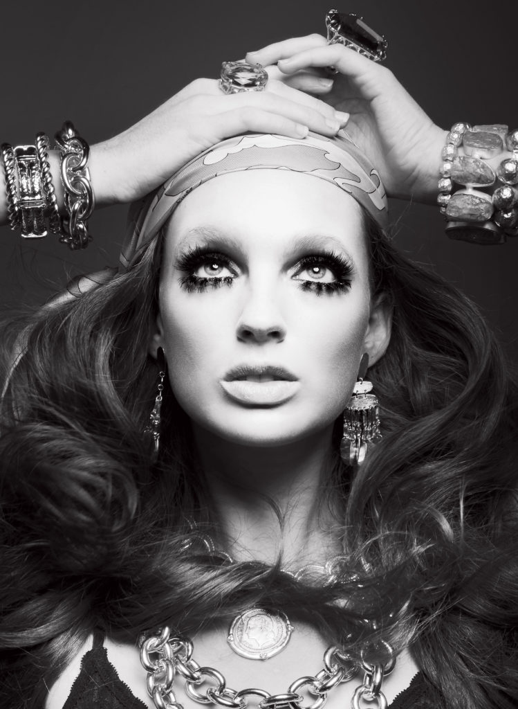 Emilio Pucci scarf at Neiman Marcus, Saks Fifth Avenue. Fernando Rodriguez rings, and Kendra Scott gold earrings in smoky crystal $130, at Kendra Scott. Susan Shaw Bee pendant necklace $88, AV Max Cristiana necklace $118, Clementine twisted cuffs $38, chain bracelet $38, beaded bracelets $38 and $48, David Jeffery cuff $128, and Replica gold bracelet $148, all at À Bientôt.
