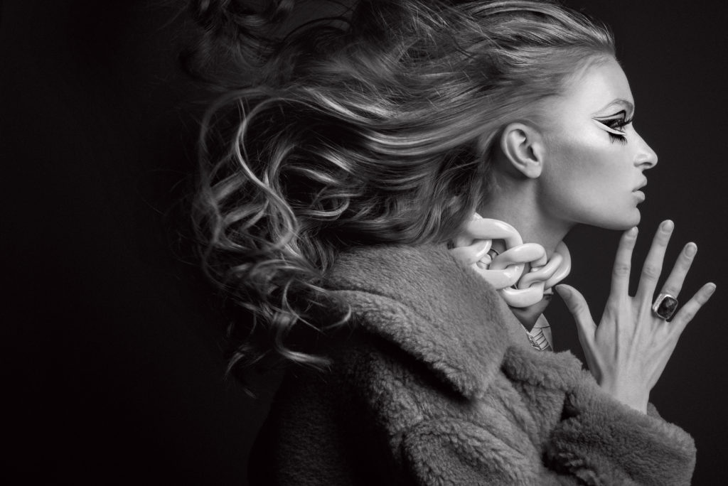 Max Mara wool silk-blend teddy-bear coat $2,590, at the Max Mara boutique, Elizabeth Anthony, Saks Fifth Avenue. Hermès scarf, at the Hermès boutique. Julie Vos Catalina ring $185, at À Bientôt, Elizabeth Anthony.