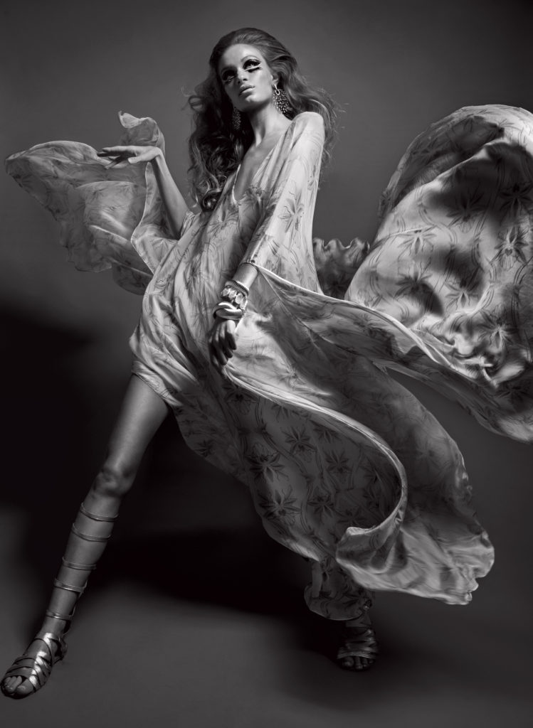 Andrés Pajón caftan at andrespajon.com. Benito Santos sandals at benitosantos.com.mx. Janis Savitt double cobra bracelet $148, and Clementine textured gold bangle $68, at À Bientôt. David Jeffery cuff $128, at À Bientôt. Kendra Scott Fabia earrings $250, at Kendra Scott.