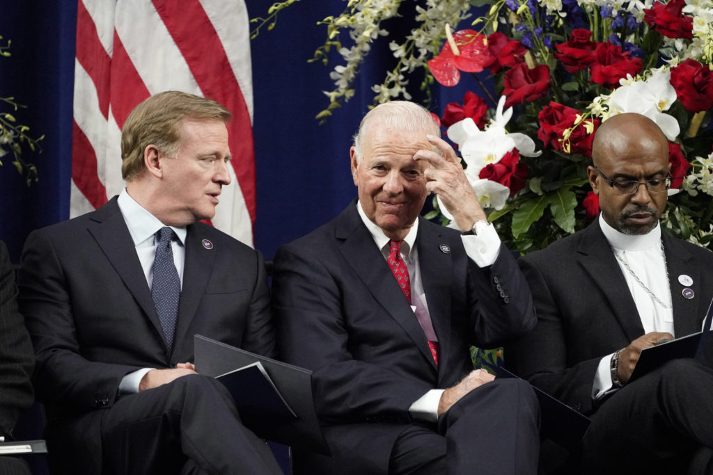 NFL Commissioner Roger Goodell, former Secretary of State James A. Baker III, and Reverend Eric S.C. Manning wait for the start of  a public celebration of life for Houston Texans owner Robert C. McNair at NRG Stadium,. (AP Photo/David J. Phillip, POOL)