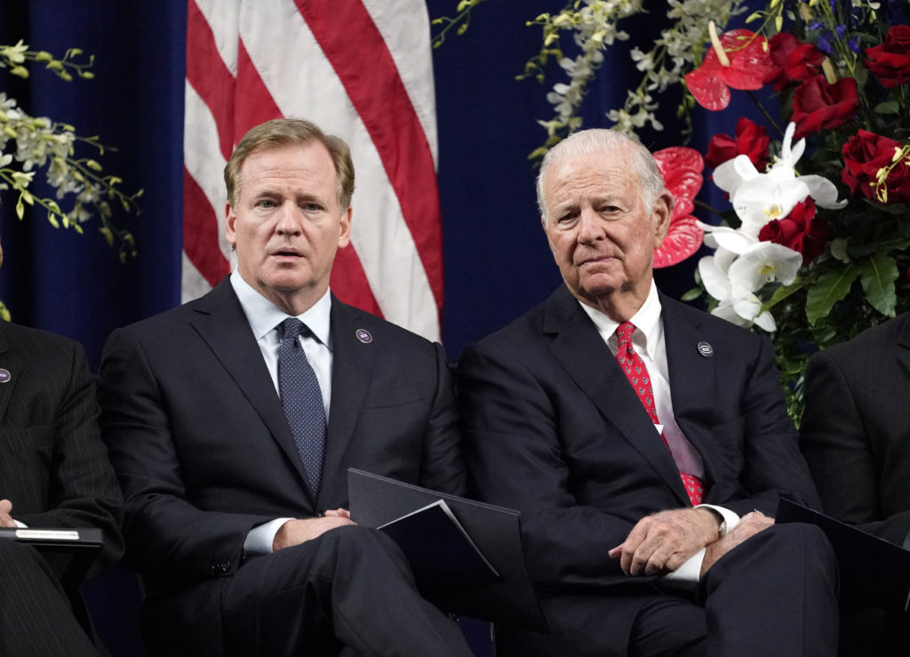 NFL commissioner Roger Goodall, left, and former Secretary of State James Baker listen during a public celebration of life for Houston Texans owner Robert C. McNair at NRG Stadium. (AP Photo/David J. Phillip, Pool)