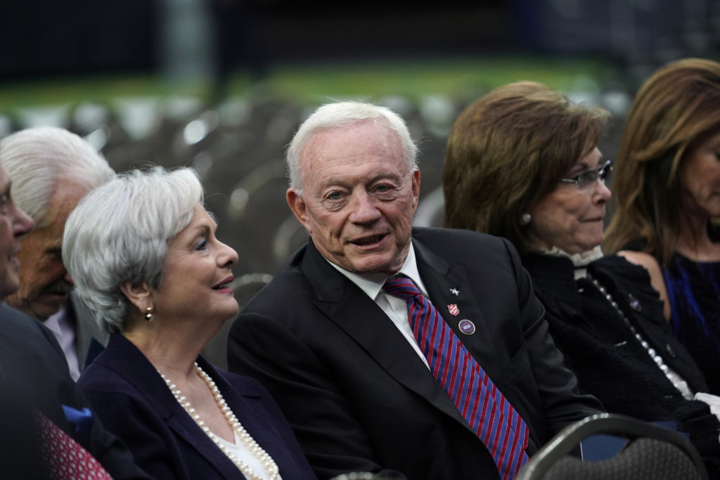 Dallas Cowboys owner Jerry Jones attends a public celebration of life for Houston Texans owner Robert C. McNair at NRG Stadium, Friday, Dec. 7, 2018, in Houston. McNair, who brought the NFL back to Houston after the Oilers left for Tennessee, died at age 81. (AP Photo/David J. Phillip, POOL)