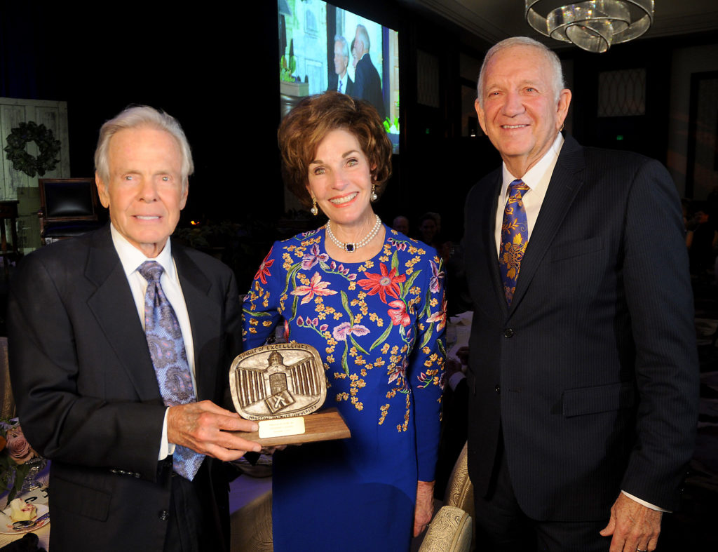 Dr. Robert Sloan presents the President's Award to Sherry and Jim Smith at the HBU Spirit of Excellence Gala at The Post Oak Hotel Thursday Nov. 1,2018. (Dave Rossman photo)