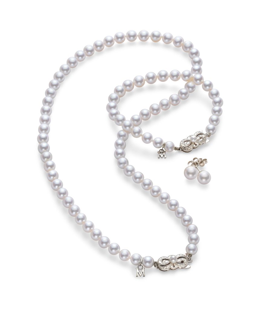 Mikimoto Akoya cultured pearl necklace $6,780 and Akoya stud earrings in 18K white gold, at Deutsch, IW Marks, Zadok Jewelers