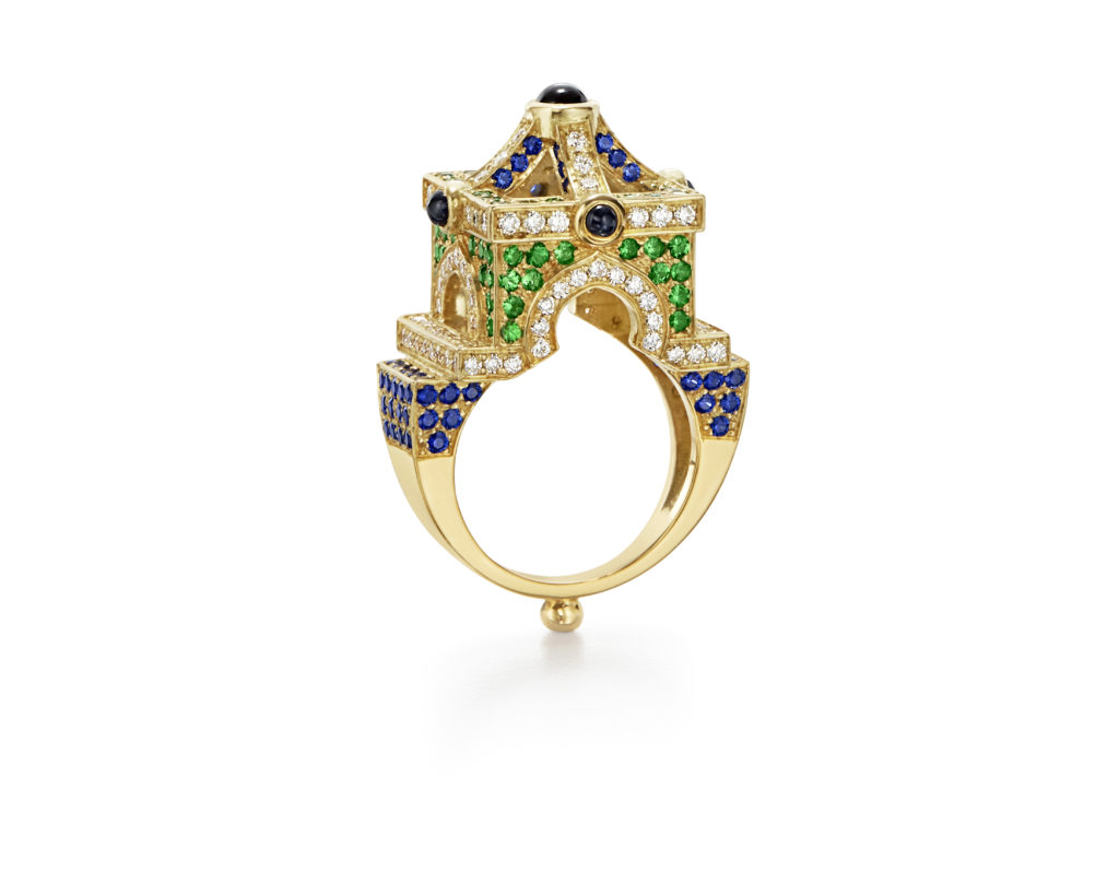 18K Stupa Ring with Blue Sapphire, Tsavorite, and Diamond