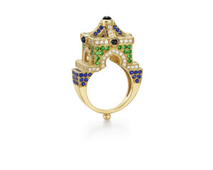 18K Stupa Ring with Blue Sapphire, Tsavorite, and Diamond