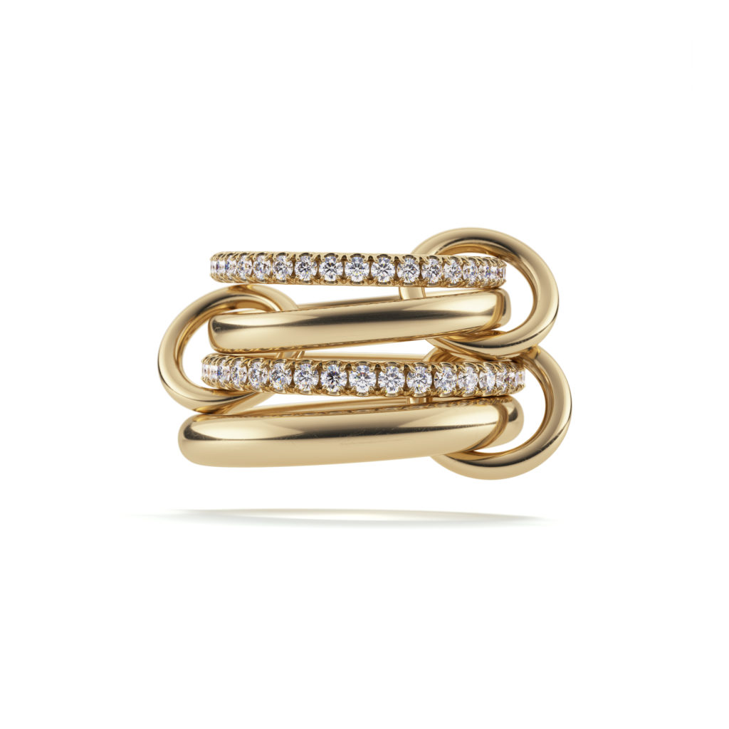 Spinelli Kilcollin four linked rings in 18K gold with white diamonds $7,000, at Abejas Boutique, Longoria Collection