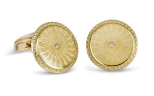 Deakin & Francis Yellow gold round cufflinks with hand enameled center and diamond accent, $4,600