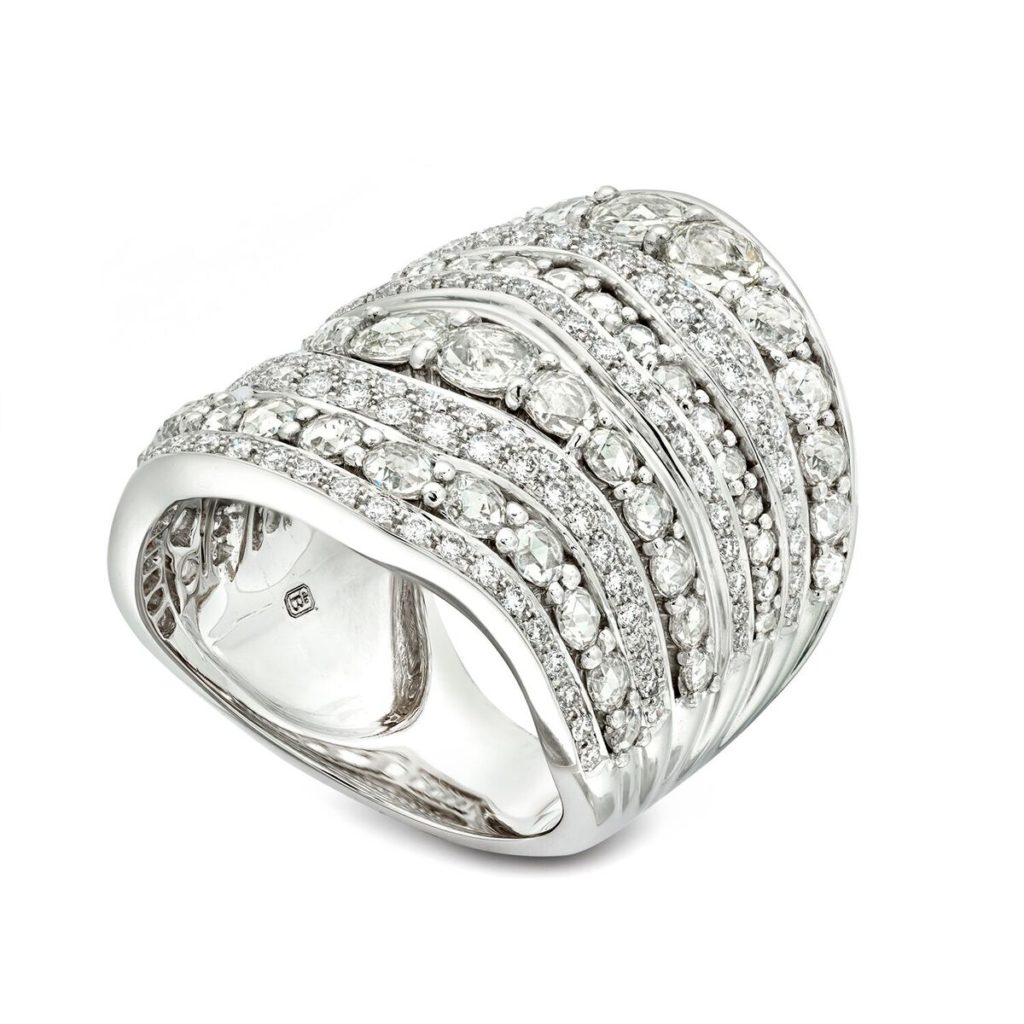 This Bohemian Ring with alternating rows of round and rose cut diamonds in 18K white gold radiates beauty, also available in yellow and rose gold. (3.36 ctw. diamonds, $15,450) 