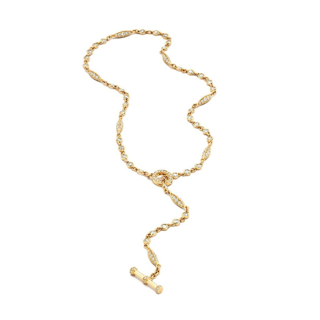 This lariat toggle necklace features rose cut and brilliant diamonds in 18K yellow gold. (5.43 ctw. diamonds, $18,650)