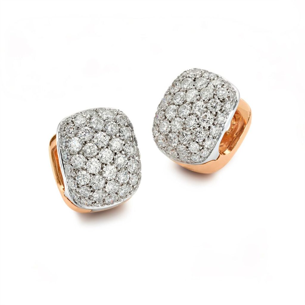 These pavé diamond huggie earrings come in 18K rose and white gold. (2.09 ctw. diamonds, $7,700)