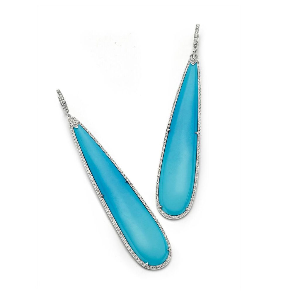 These Sleeping Beauty turquoise drop earrings go with everything, framed with diamonds in 18K white gold. These gorgeous drops are made of the finest natural turquoise from the now-closed Sleeping Beauty Mine in Arizona.  (87.98 ctw. turquoise and 2.40 ctw. diamonds, $35,300)