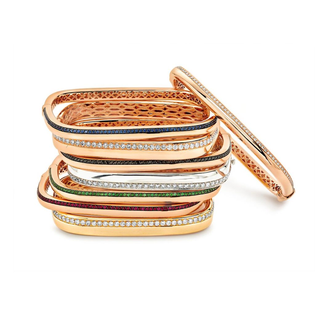 Made for stacking, these square bangles come in assorted metals with diamonds and various colored gemstones. (Starting at $8,000)