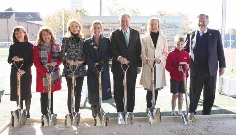 From left to right, Campaign Chair Susan Cox, Head of School Leanne Reynolds, Susan Sarofim, Elizabeth Petersen, Gary Petersen, Alice Mosing, Marshall Mosing and Keith Mosing attend the groundbreaking on December 4th. 