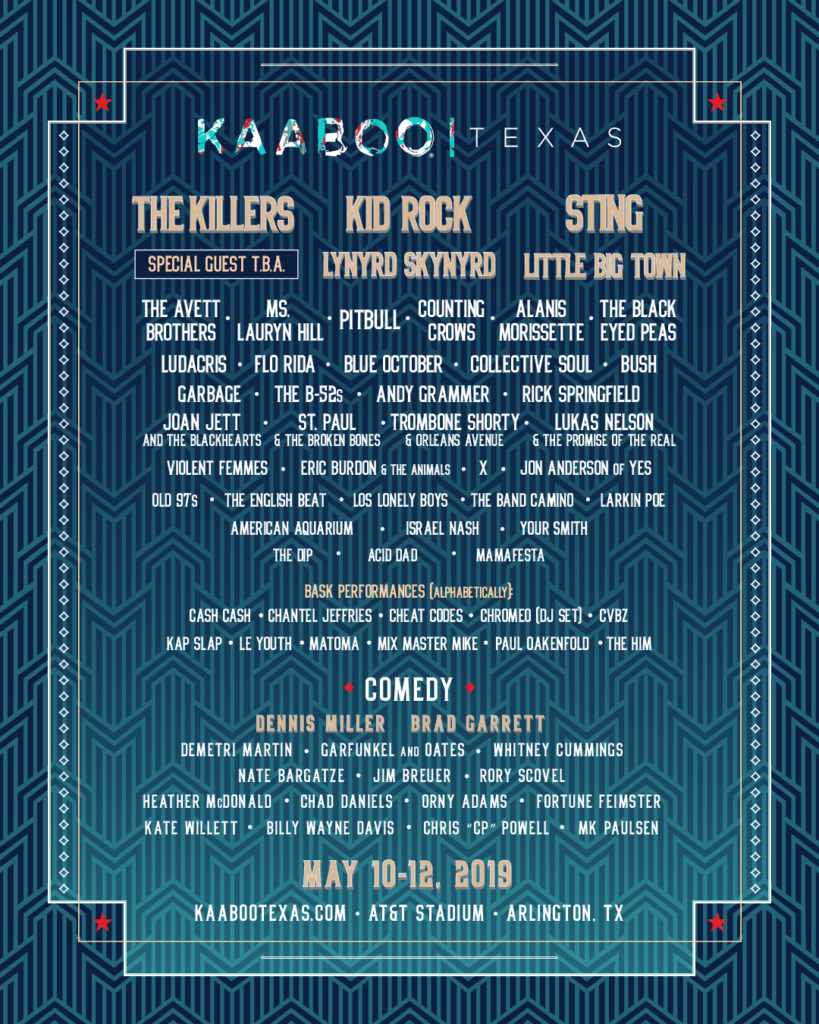 The lineup for KAABOO Texas, a music and comedy festival in Arlington. 