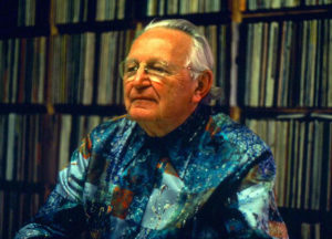 The visionary architect Bruce Goff was the leader of a school known as organic architecture. He is shown here in the last decade of his life, wearing one of his signature wildly abstract shirts, not unlike the paintings he also created. 