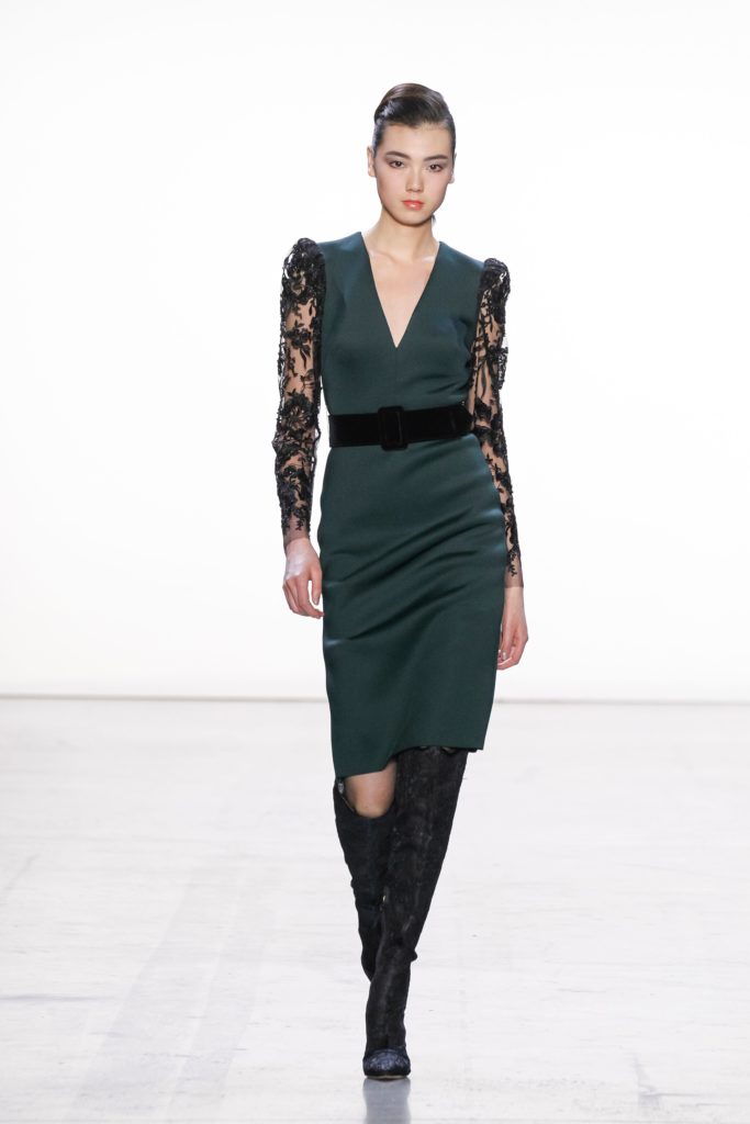 Badgley Mischka belted forest green dress with lace sleeves (Photo by Badgley Mischka)