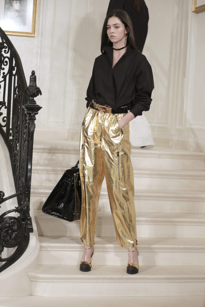 Ralph Lauren black broadcloth long-sleeve shirt, gold laminated poplin pant.
 Photo by  (Photo by Courtesy of Ralph Lauren)