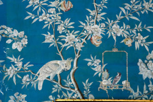 Detail of antique wallpaper in the blue Cabinet Room. (Photo by Tori Hancock)