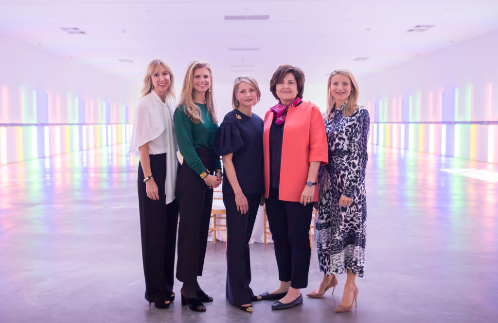 Paper Ball chairs Caroline Finkelstein, Blakely Griggs, Bridget Wade, Menil director Rebecca Rabinow, chair Stephanie Cockrell at Richmond Hall, Menil campus (Photo by Allyson Huntsman)