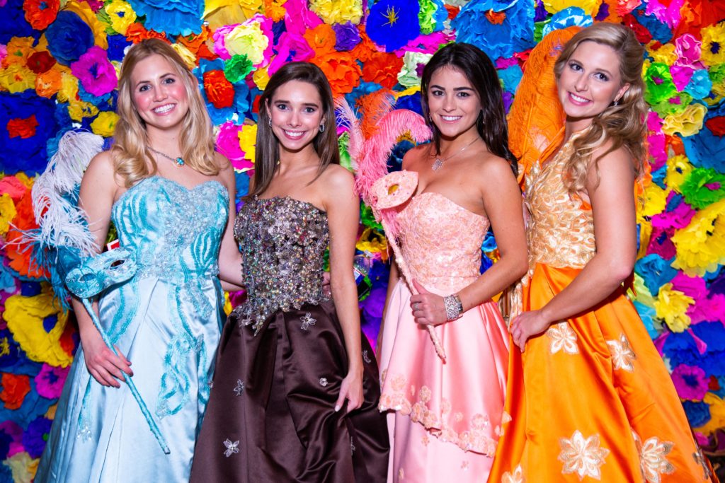 Duchesses Macey McCann, Morgan Vicknair, Alexis Ammons, Harrah Herrold celebrate the Knights of Momus Fiesta de Momus at The Grand 1894 Opera House in Galveston. (Photo by Michelle Watson/CatchlightGroup.com)