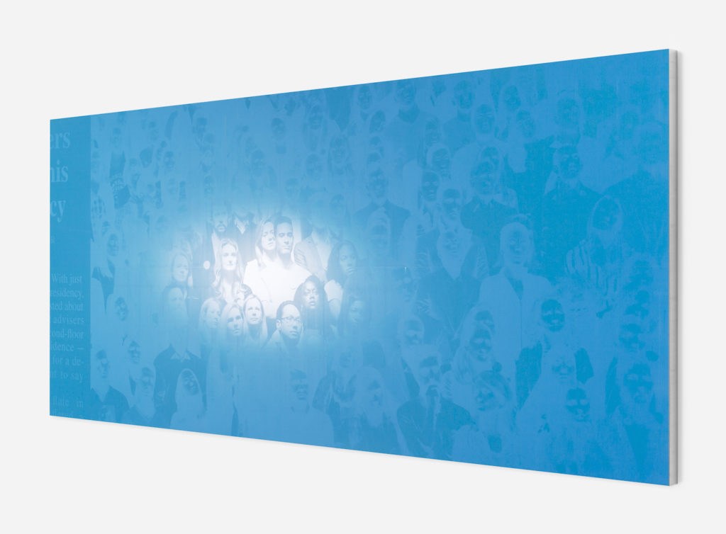 Emmanuel Van der Auwera, Memento (Farewell, Blue), 2019,
Newspaper, .3mm aluminum offset plates mounted on aluminum frame
