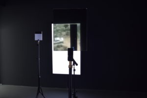 Emmanuel Van der Auwera, Video Sculpture XII (Everything now is measured by after), 2016,  Triptych of LCD Screens with 8 tripods and plexiglass of varying dimensions, Installation view at BIP- Biennale de l’Image Possible, 2016