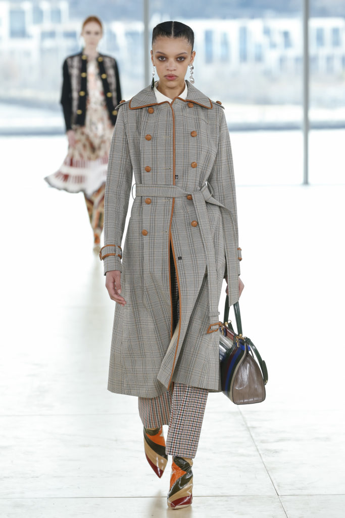 Tory Burch plaid cotton trench coat with leather buttons, cotton shirt, checked viscose cropped pant (Photo by Tory Burch)