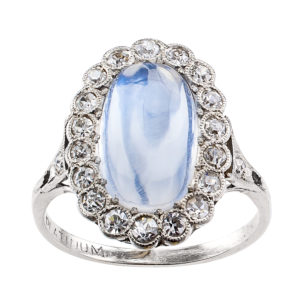 An Art Deco moonstone and diamond platinum ring, from L.A.’s Jacob’s Diamond and Estate Jewelry, exhibiting at fall HA+A+DS, taking place at Silver Street Studios.