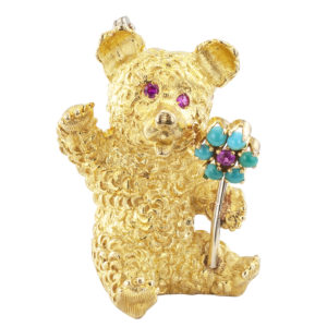 This charming Cartier ruby turquoise teddy bear brooch, found at Jacob’s Diamonds and Estate Jewelry of Los Angeles, will be showcased at the fall edition of Houston Antiques + Art + Design Show.