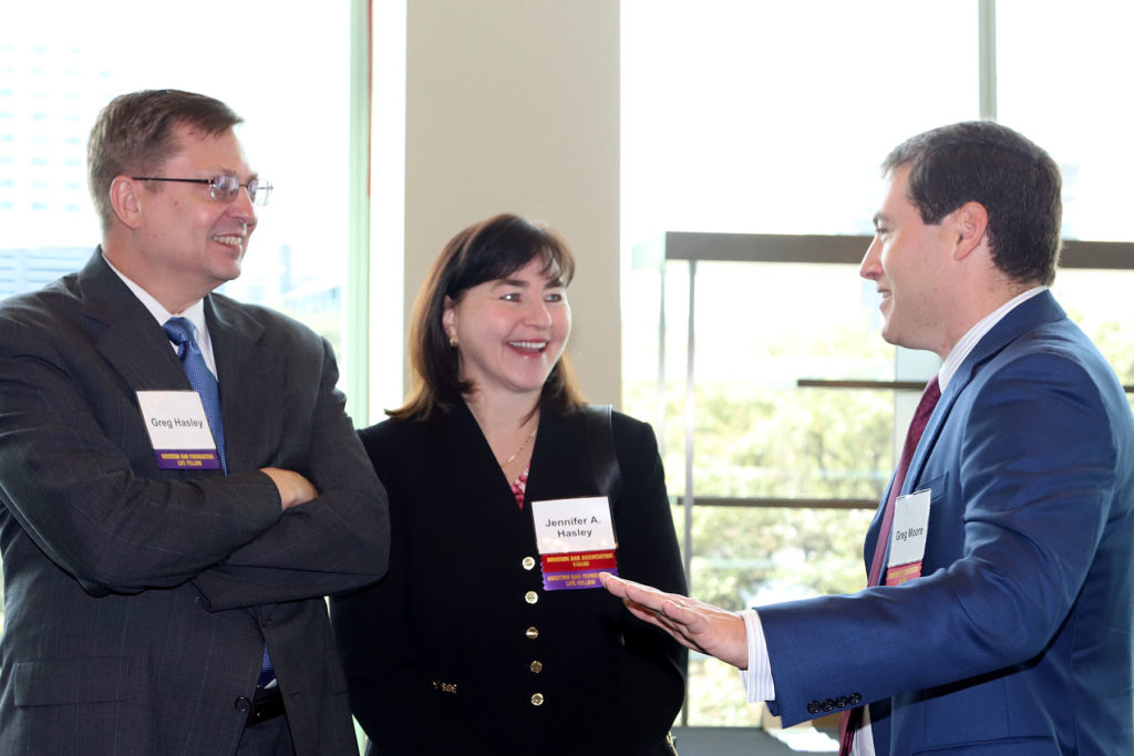 Greg & Jennifer Hasley, Greg Moore  at the Houston Bar Foundation luncheon. (Photo by Debi Wallace, Barfield Photography)