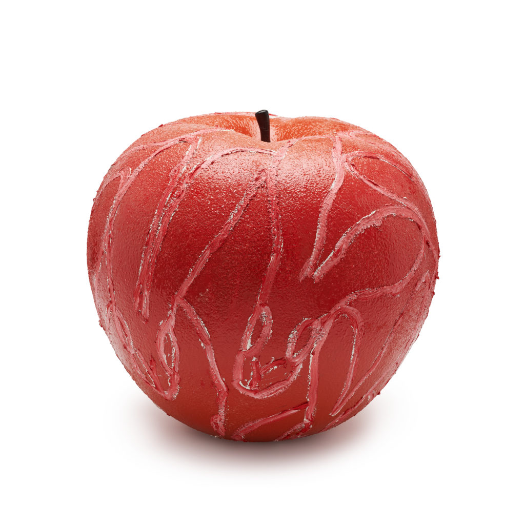 Artist Hunt Slonem painted his apple with his trademark bunnies.