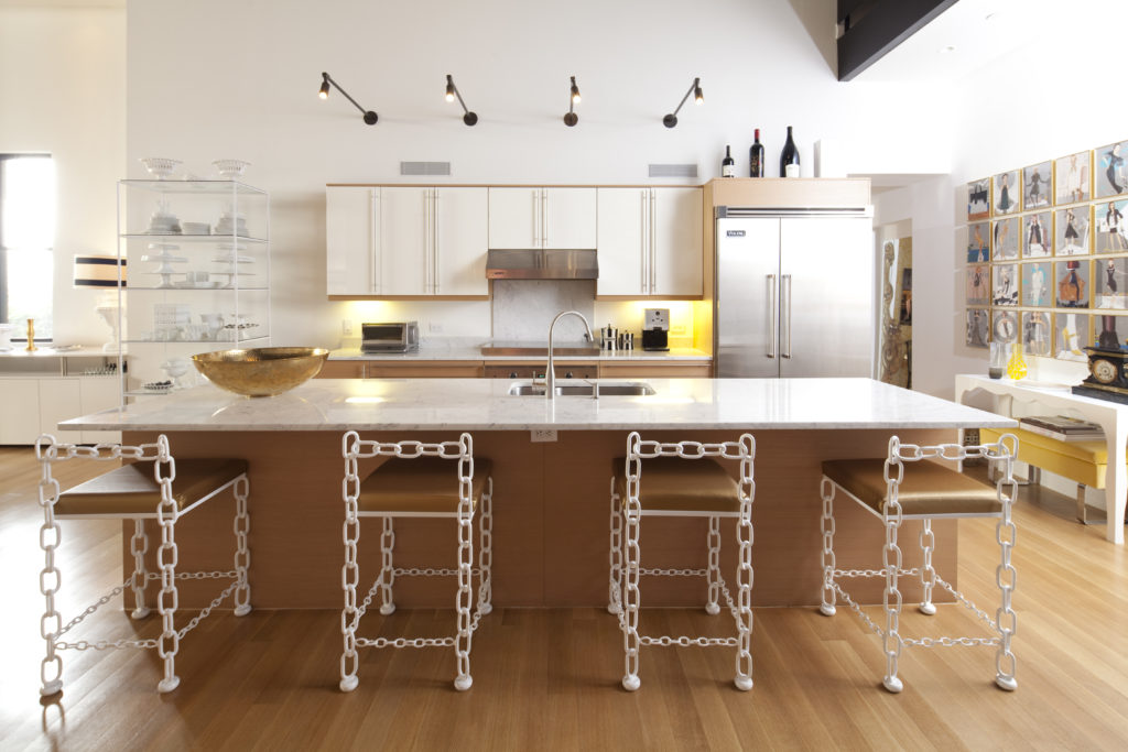 Known for her creativity in all arenas, Loya designed the chain link barstools for the kitchen. (Photo by Julie Soefer)