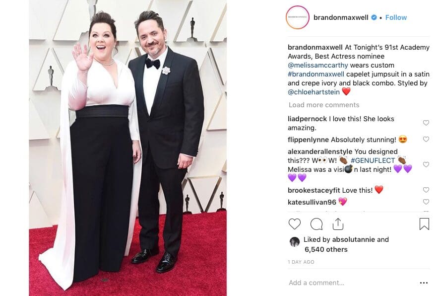 Brandon Maxwell's Instagram Post of Melissa McCarthy wearing a custom ensemble on the Oscars red carpet. 