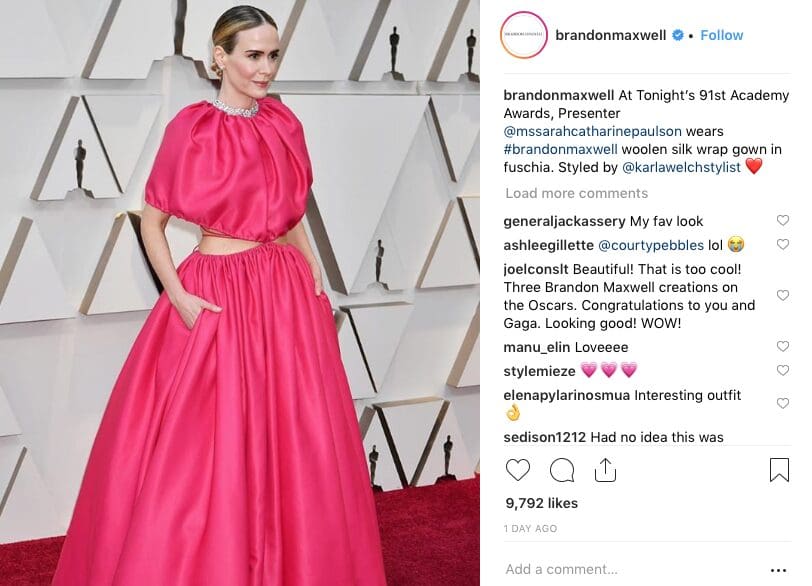 Brandon Maxwell's Instagram post on Sarah Paulson's red carpet gown at the Oscars.