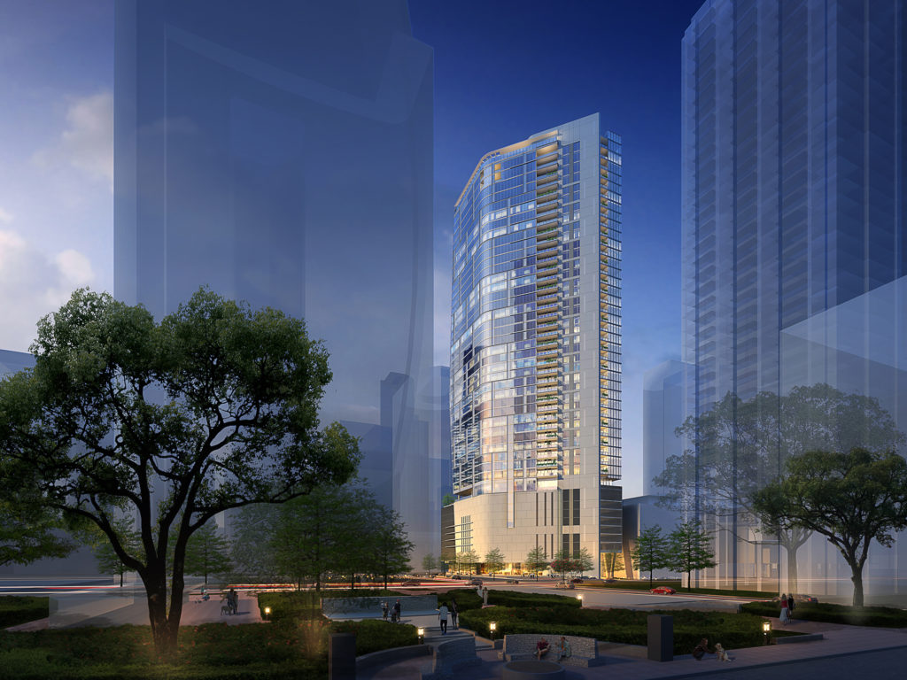 Hines' newest downtown high-rise, The Preston, will be the tallest residential building downtown, coming in at 46 stories. (Rendering courtesy of Munoz+Albin.)