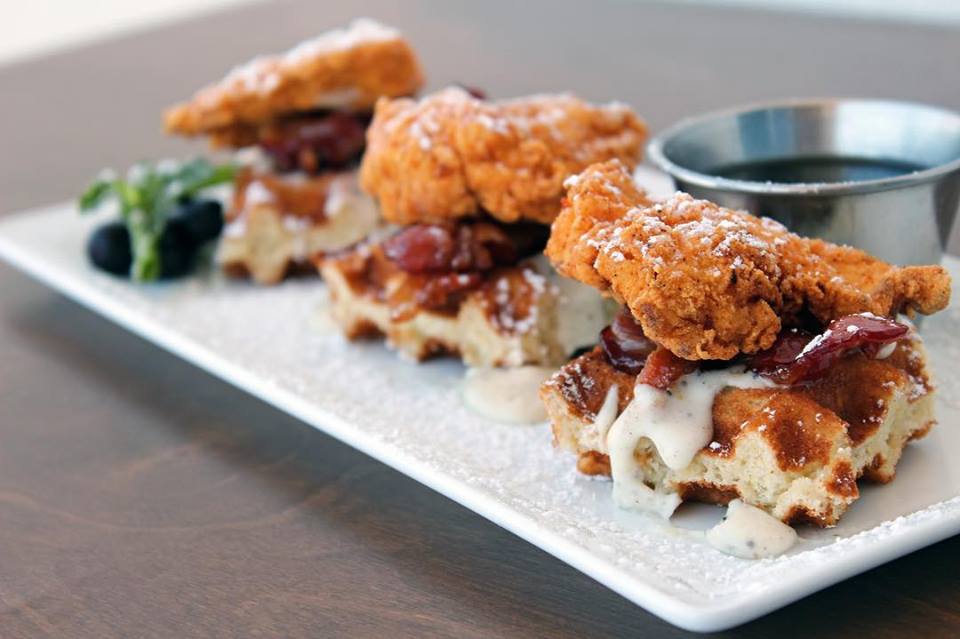 Shareables abound, like these chicken and waffle bites. 