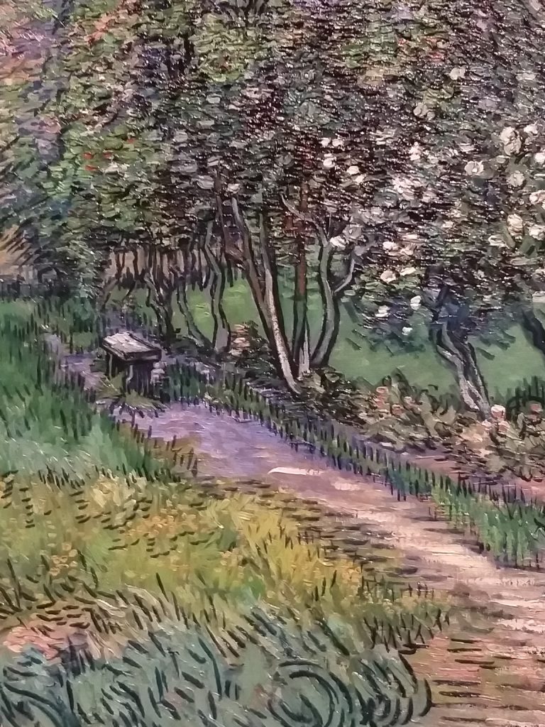 Dazzling detail: Close up with Van Gogh's brushstrokes in "The Garden at the Asylum at Saint-Rémy, 1889, showing the grounds surrounding the institution where Van Gogh was hospitalized following his mental breakdown. 