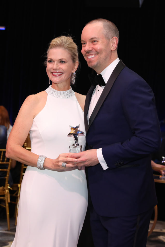 Amy Pierce, TUTS executive director Dan Knechtges at the TUTS 50th anniversary gala at the Post Oak Hotel. (Photo by Patricia Dickson)
