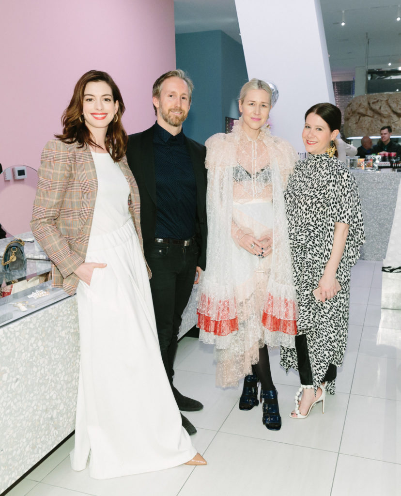 Anne Hathaway, Adam Shulman, Kristen Cole, Kelly Thomas at the Forty Five Ten opening in Manhattan's Hudson Yards. (Photo by Yvonne Tnt/BFA.com)