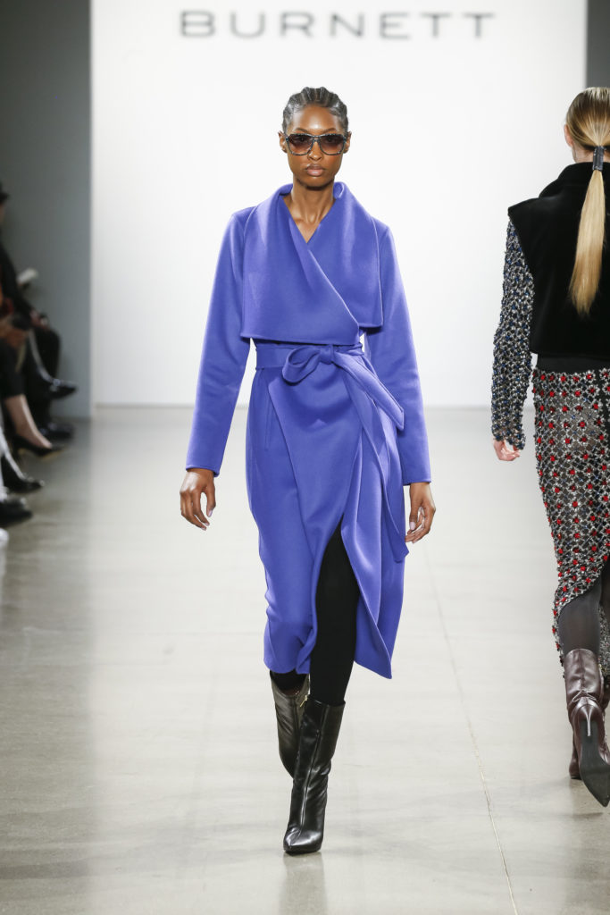 Burnett New York indigo cashmere wrap coat. (Photo by Burnett New York)