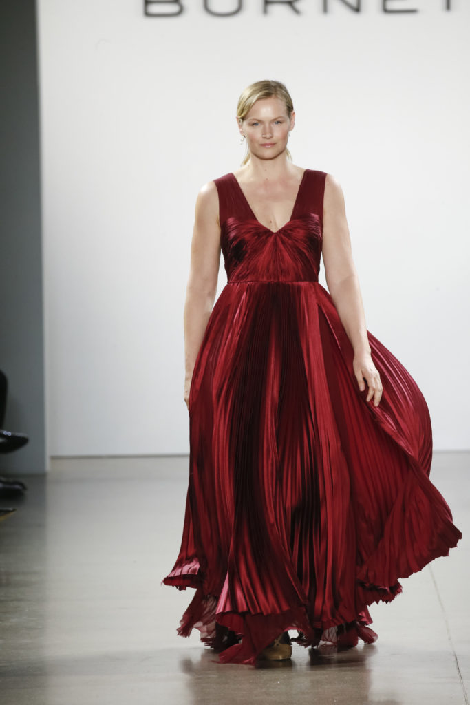 Burnett New York bordeaux pleated gown (Photo by Burnett New York)