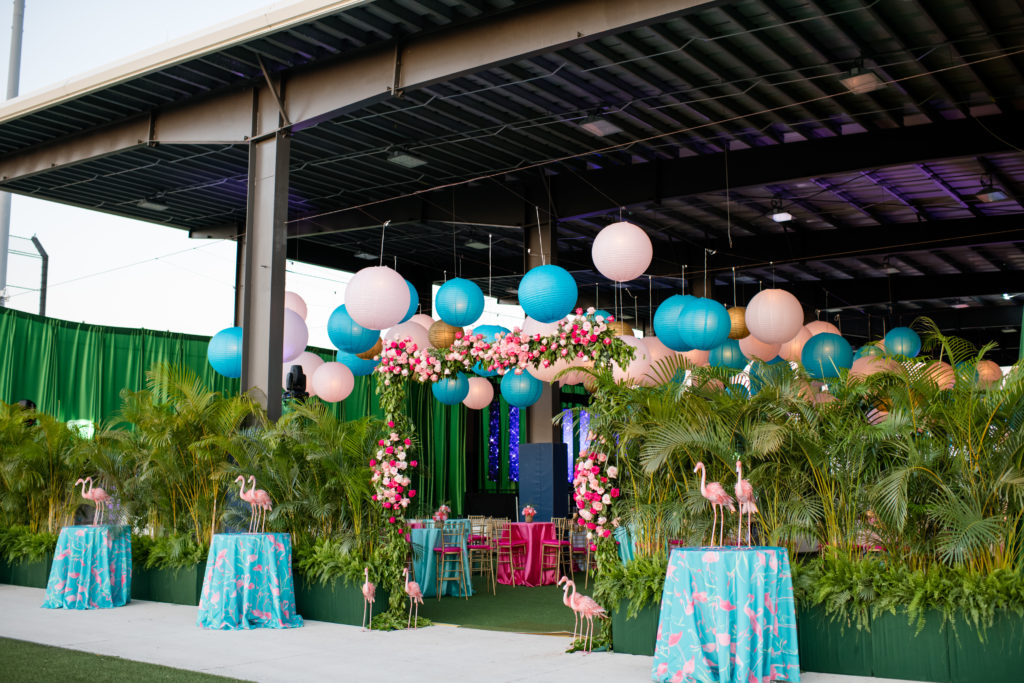 A flock of flamingos welcome guests to Whitney Crane's birthday bash. (Photo by Oona Beyer, Dragonfly Photography)