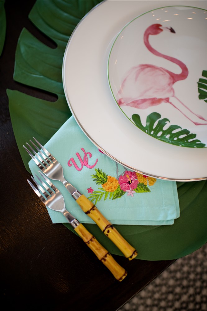 The flamingo motif is carried throughout Whitney Crane's birthday party in Palm Beach. (Photo by Oona Beyer, Dragonfly Photography)