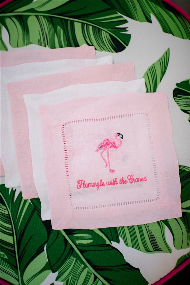 'Flamingle with the Cranes' a playful greeting on cocktail napkins at Whitney Crane's birthday party. (Photo by Oona Beyer, Dragonfly Photography)
