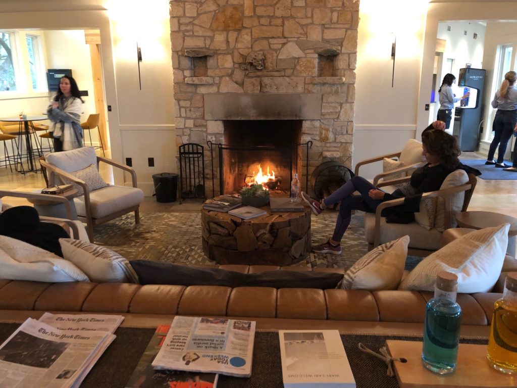 A fire on the hearth adds to the coziness of Miraval Austin's lounge. (Photo by Shelby Hodge)