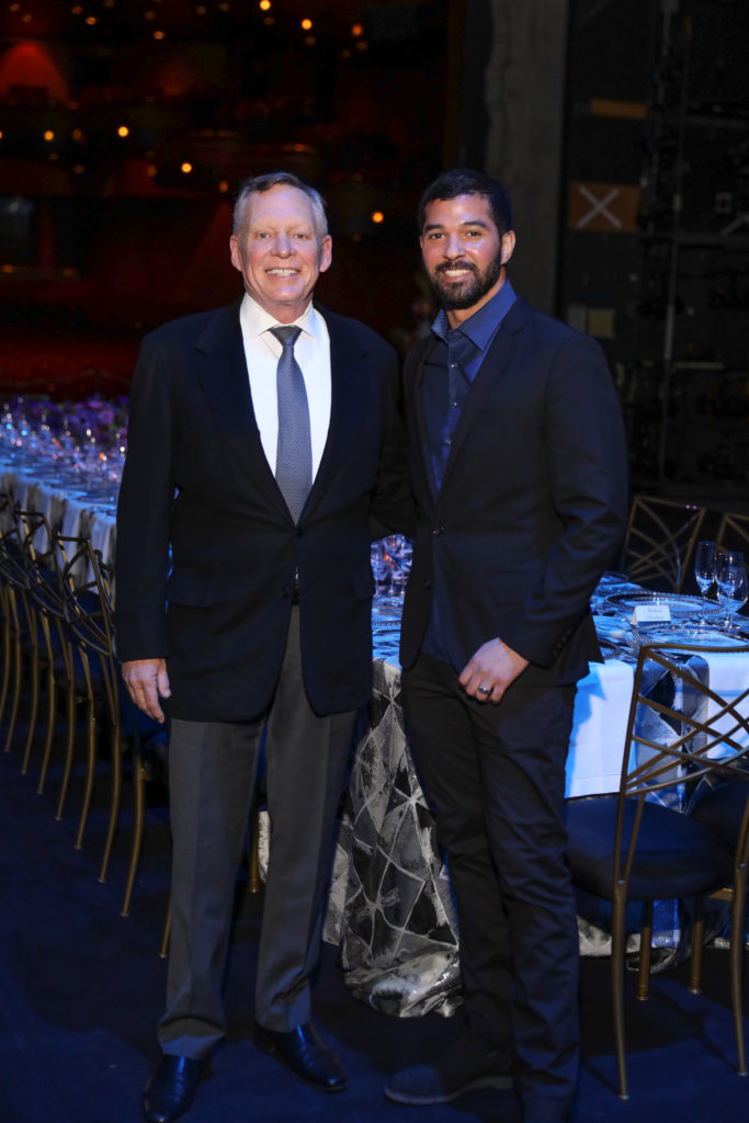 Richard Flowers, Angel Rios at the Houston Ballet underwriter dinner on stage at Wortham Theater Center celebrating world premier of 'Sylvia.' (Photo by Priscilla Dickson)