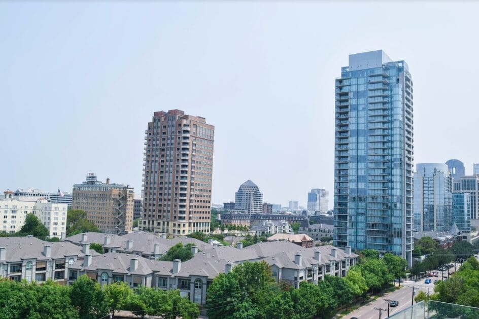 The striking tower is a testament to sleek modern architecture. 