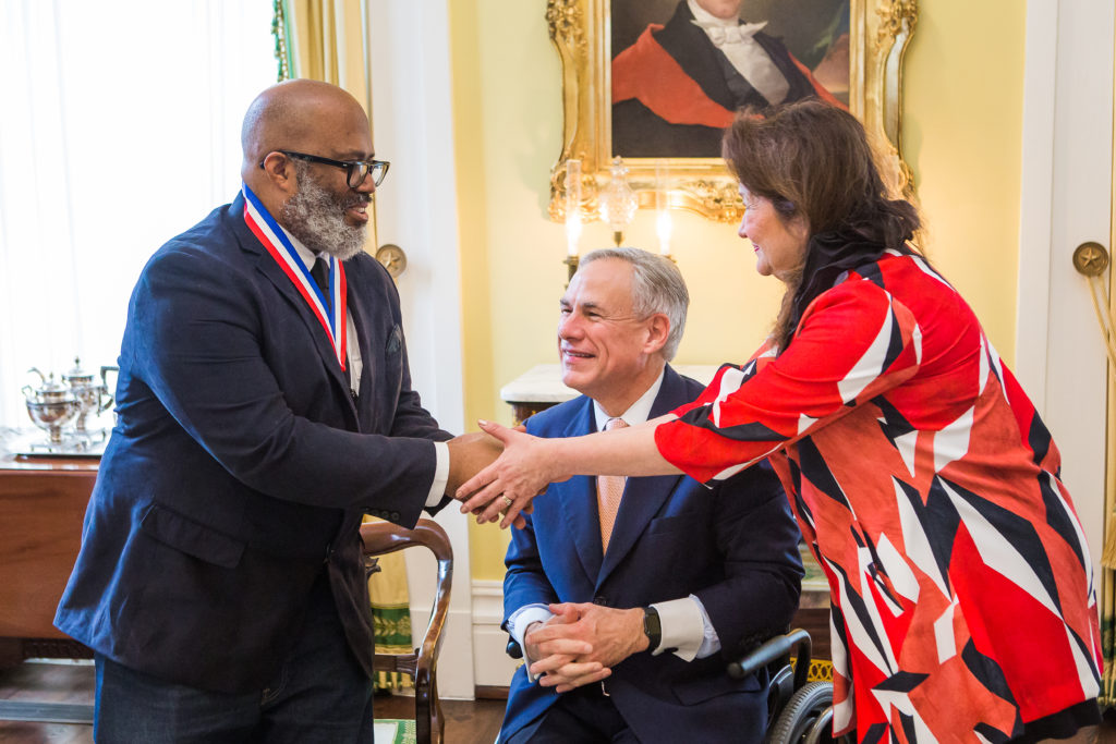 Trenton Doyle Hancock, Governor Greg Abbott and Ceilia Abbott at the Texas Medal of Arts Awards in Austin. (Tyler Schmitt Photo)