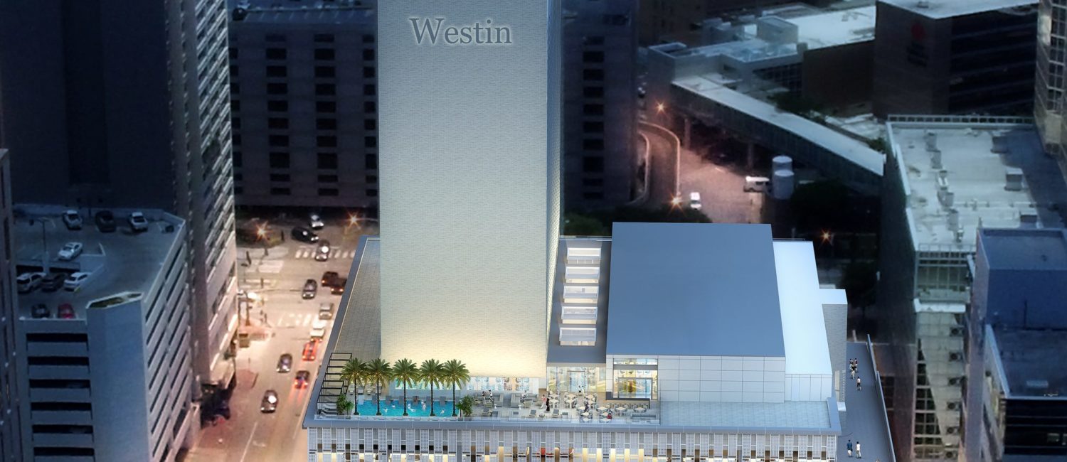 Exterior rendering of Westin Houston Medical Center, anticipated opening date of early 2020.